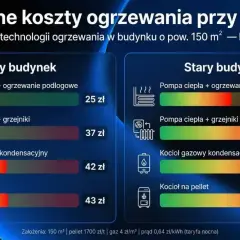 Porównanie kosztów ogrzewania gazowego i innych technologii w nowym i starym budynku. Kocioł gazowy kondensacyjny w starym budynku kosztuje 42 zł/dzień.