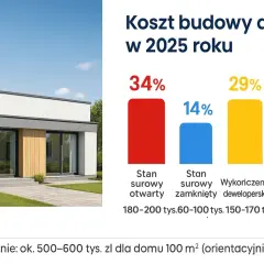 Nowoczesny dom z ogrodem i wykres kosztów budowy w 2025 roku.