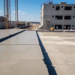 Plac budowy z świeżo wylanym betonem, budynkiem w tle i dźwigami.