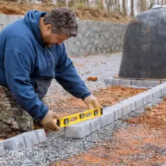 Mężczyzna klęczy, używając poziomicy do układania kostki brukowej na betonie. Powstaje ścieżka wokół pieca.