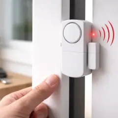 Biały kontaktron na drzwiach, sygnalizujący alarm czerwonym światełkiem. Dłoń zbliża się do drzwi, klucze leżą w tle.