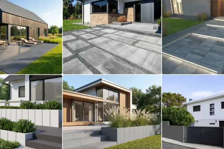 Nowoczesna przestrzeń wokół domów z betonową strukturą elewacyjną i tarasami.