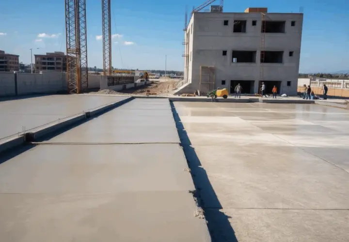 Plac budowy z świeżo wylanym betonem, budynkiem w tle i dźwigami.