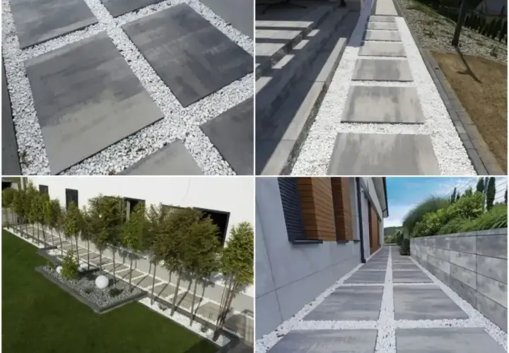 Nowoczesne ścieżki z płyt betonowych i białego żwiru tworzą najtańszą opaskę wokół domu, nadając mu elegancki wygląd.