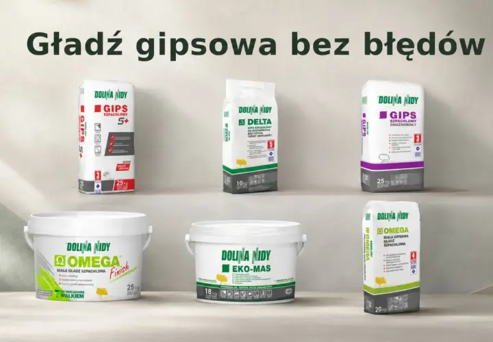 Sześć opakowań gładzi gipsowej Dolina Nidy: GIPS S+, Delta, GIPS Śnieżnobiały, Omega Finish, EKO-MAS i Omega.