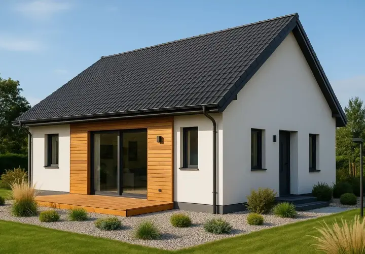 Nowoczesny dom 80m2 z drewnianym tarasem i dużymi przeszkleniami. Elegancka biel elewacji kontrastuje z ciemnym dachem i stolarką okienną.