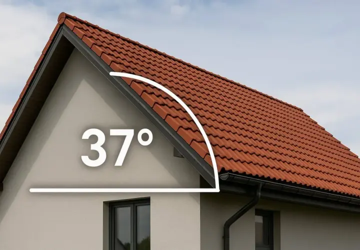 Dachówka ceramiczna na domu z widocznym kątem nachylenia 37°.