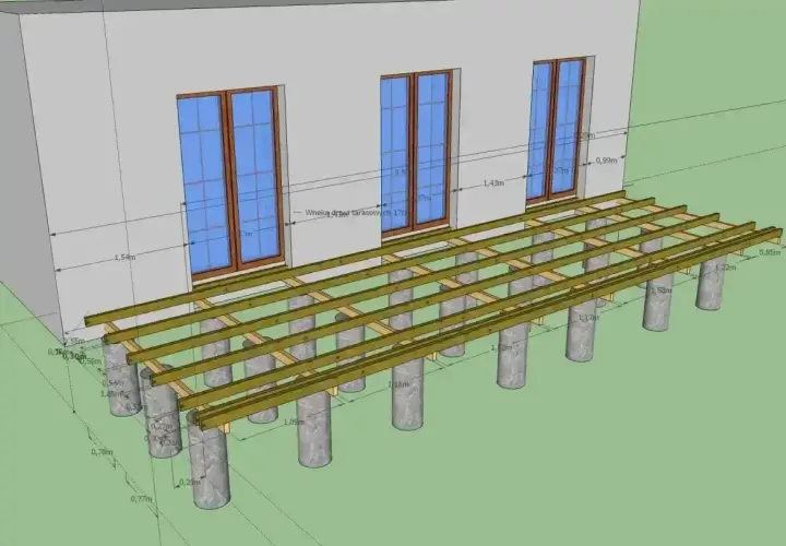 Projekt tarasu z widocznymi legarami i wymiarami. Podpora konstrukcji tarasu opiera się na betonowych słupkach.