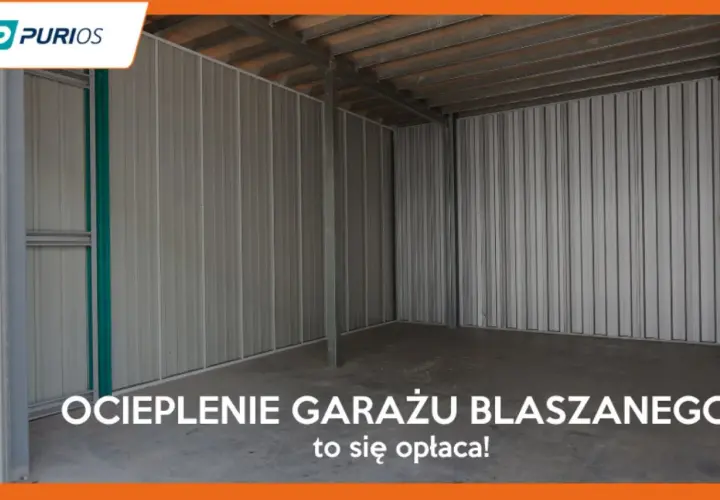 Wnętrze pustego garażu blaszanego. Napis: OCIEPLENIE GARAŻU BLASZANEGO to się opłaca!