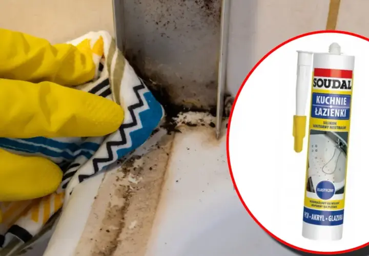 Rękawiczki i ściereczka czyszczą pleśń przy wannie. Obok tubka silikonu sanitarnego Soudal do kuchni i łazienek.