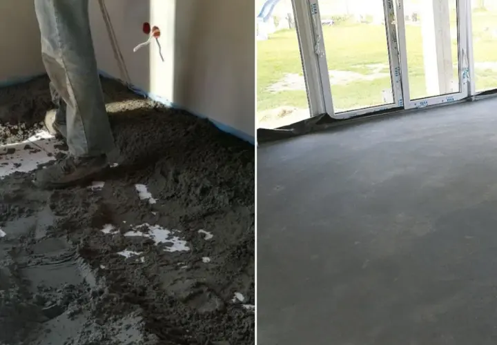 Dwie częściowe fotki: budowa wylewki cementowej i gotowa podłoga.