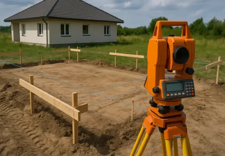 Precyzyjne trasowanie fundamentów domu z pomocą niwelatora.