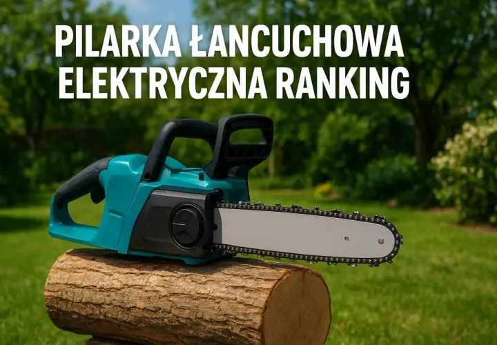 Turkusowa pilarka łańcuchowa elektryczna leży na pniu drewna na tle zielonego ogrodu.