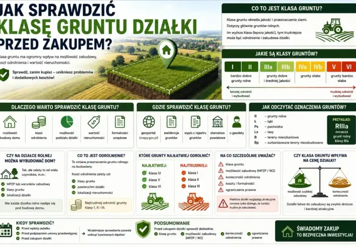 Klasa gruntu wpływa na możliwość zabudowy i koszty. Sprawdź klasę gruntu przed zakupem, by uniknąć problemów. Nieprzekraczalna linia zabudowy to kluczowy czynnik.