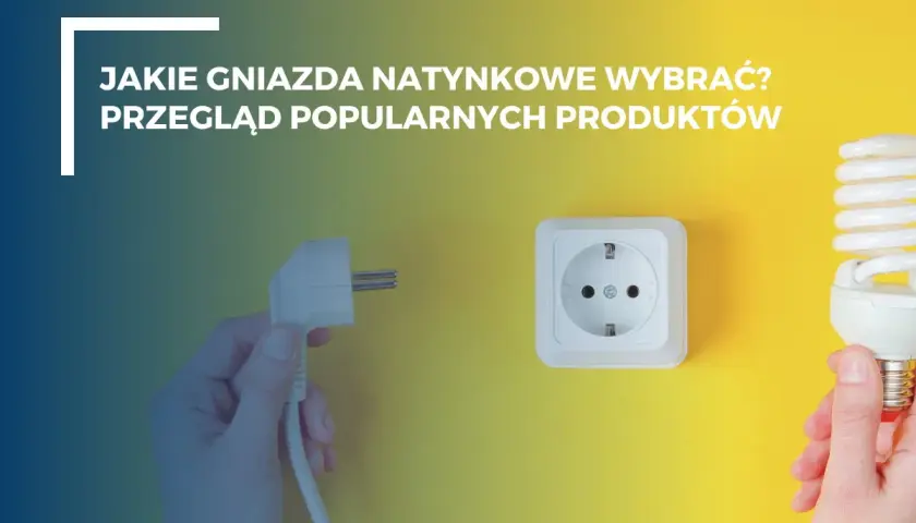 Jakie gniazda natynkowe wybrać? Przegląd popularnych produktów. Dłoń trzyma wtyczkę, obok gniazdko i żarówka.