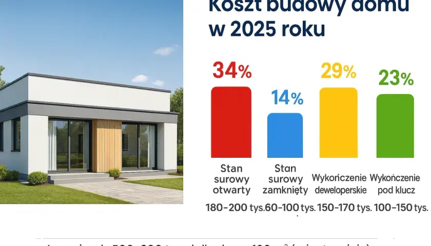 Nowoczesny dom z ogrodem i wykres kosztów budowy w 2025 roku.
