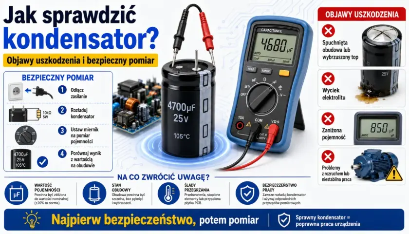 Jak sprawdzić kondensator? Obraz pokazuje instrukcję krok po kroku, jak bezpiecznie zmierzyć pojemność kondensatora za pomocą multimetru, a także objawy jego uszkodzenia.