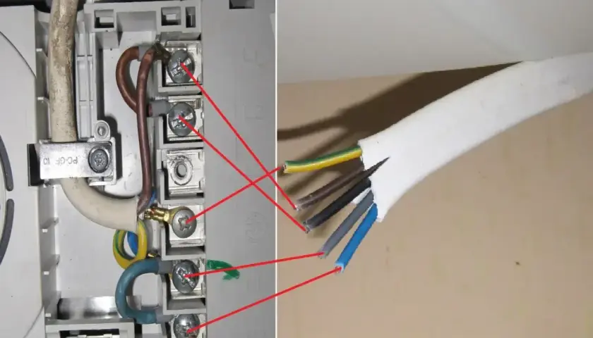 Połączenia elektryczne: przewody fazowe, neutralne i ochronne podłączone do zacisków.