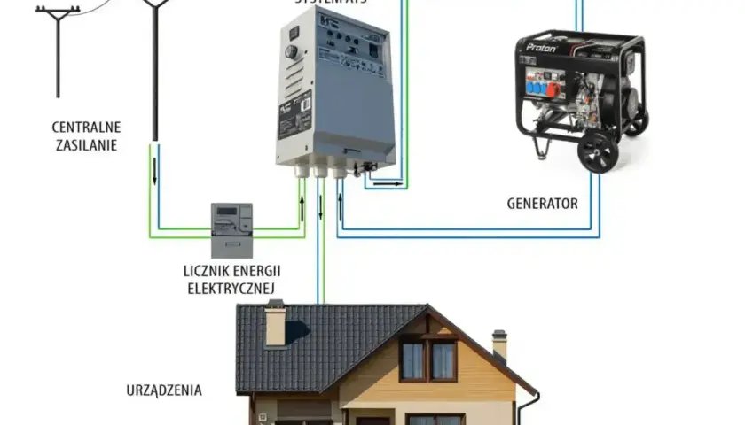 Schemat podłączenia agregatu prądotwórczego do domu z systemem ATS. Wybór odpowiedniego agregatu to klucz do niezawodności.