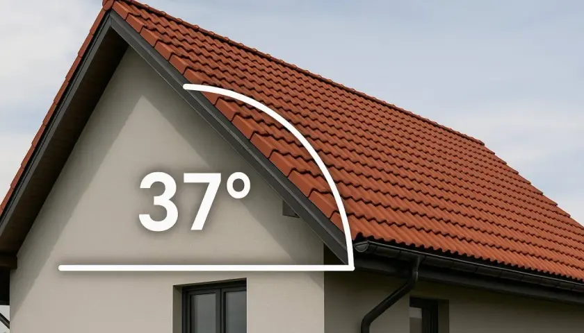 Dachówka ceramiczna na domu z widocznym kątem nachylenia 37°.