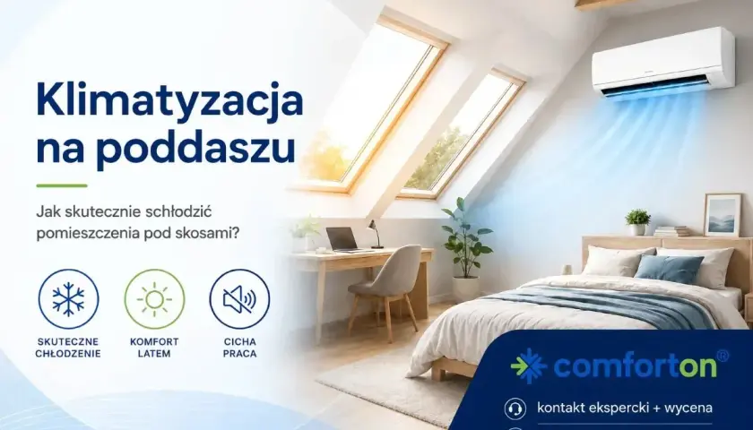 Klimatyzacja na poddaszu zapewnia komfortowy chłód latem. Cicha praca urządzenia nie przeszkadza w odpoczynku.