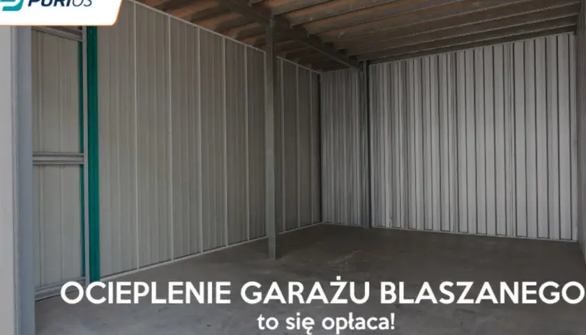 Wnętrze pustego garażu blaszanego. Napis: OCIEPLENIE GARAŻU BLASZANEGO to się opłaca!