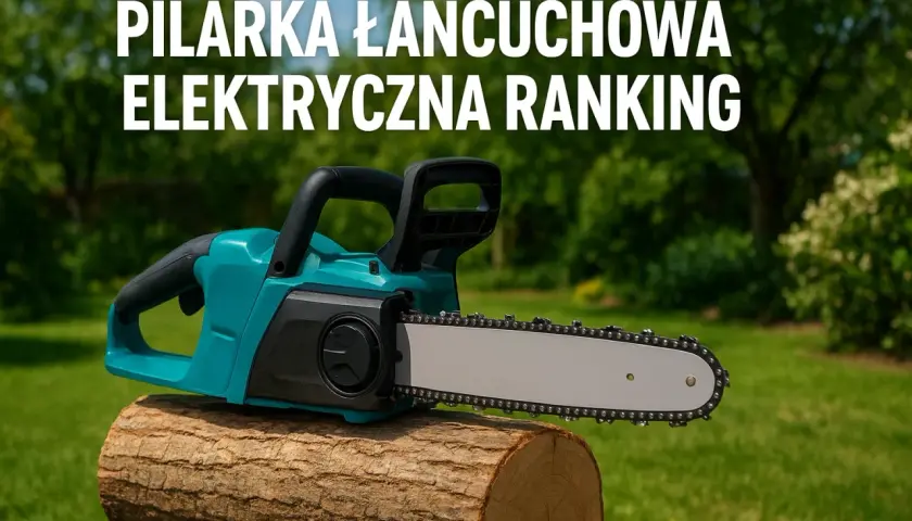 Turkusowa pilarka łańcuchowa elektryczna leży na pniu drewna na tle zielonego ogrodu.