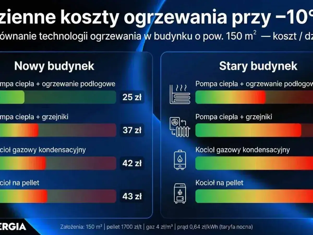 Porównanie kosztów ogrzewania gazowego i innych technologii w nowym i starym budynku. Kocioł gazowy kondensacyjny w starym budynku kosztuje 42 zł/dzień.