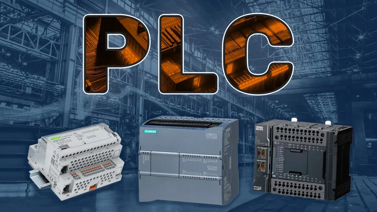 Trzy sterowniki PLC: WAGO, Siemens SIMATIC S7-1200 i Omron NX1P2, na tle przemysłowej hali.
