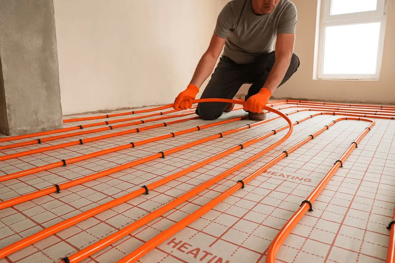 Instalator układa pomarańczowe rury systemu ogrzewania podłogowego na specjalnych panelach.
