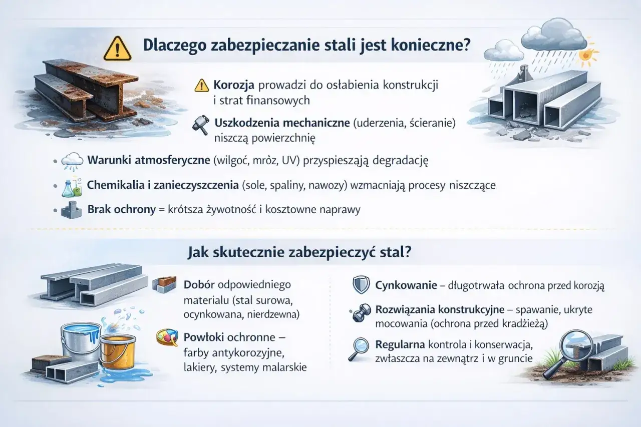 Stal narażona na korozję, uszkodzenia i warunki atmosferyczne. Skuteczna ochrona to m.in. cynkowanie, powłoki ochronne i konserwacja.