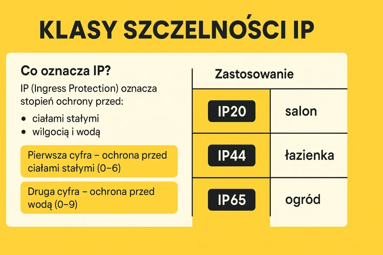 Klasy szczelności IP: co oznacza IP? Tabela pokazuje zastosowanie IP20 (salon), IP44 (łazienka), IP65 (ogród). Pierwsza cyfra to ochrona przed ciałami stałymi, druga przed wodą.